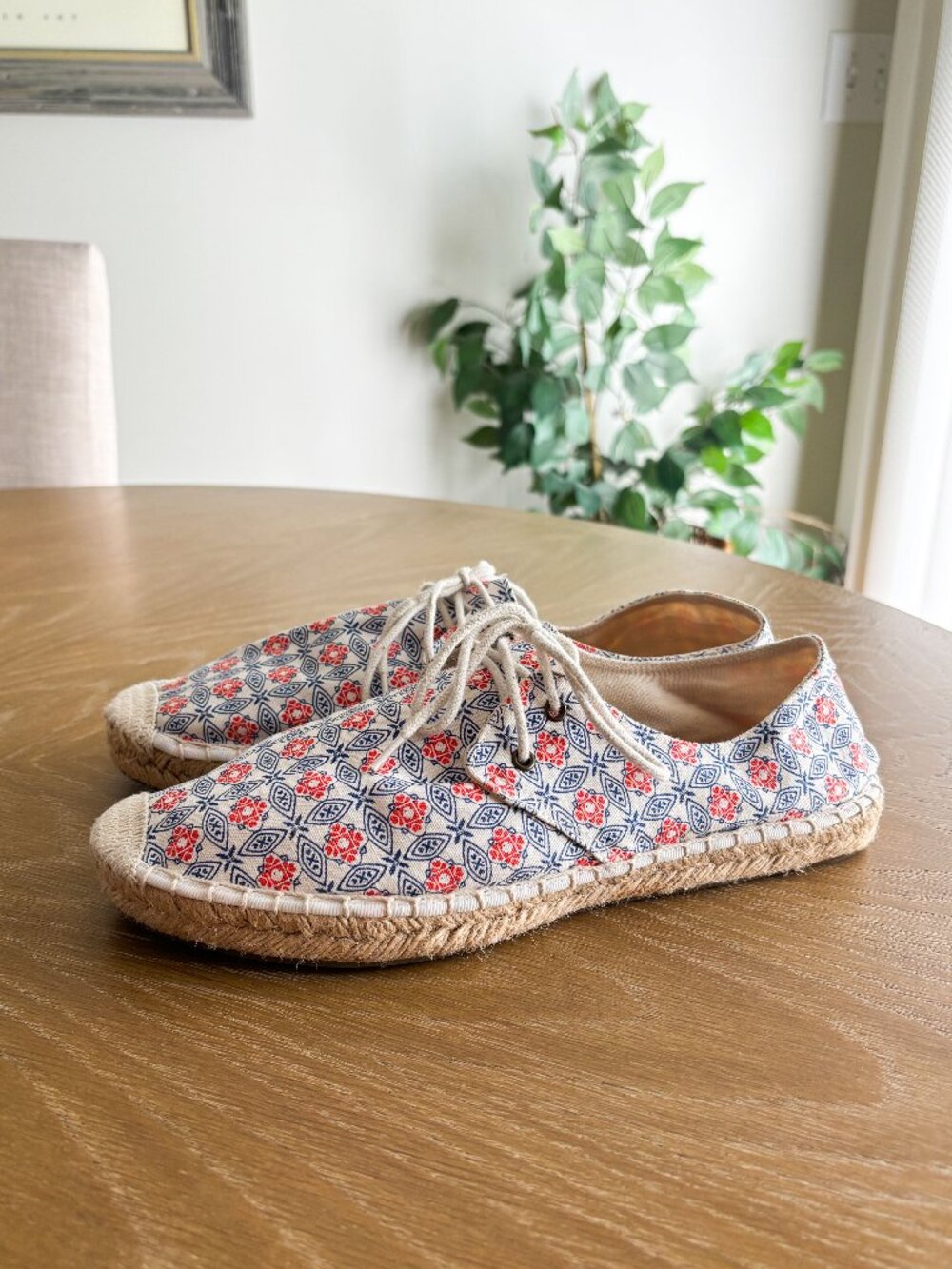 J. Crew Espadrille Sneaker Flats Boho Red Blue Geometric Tile Pattern
